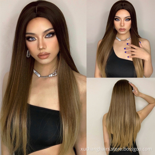 Brown Wig with Bangs Medium Length Straight Ombre Brown with Highlight Synthetic Wigs for Women Cosplay Daily Use synthetic wig
